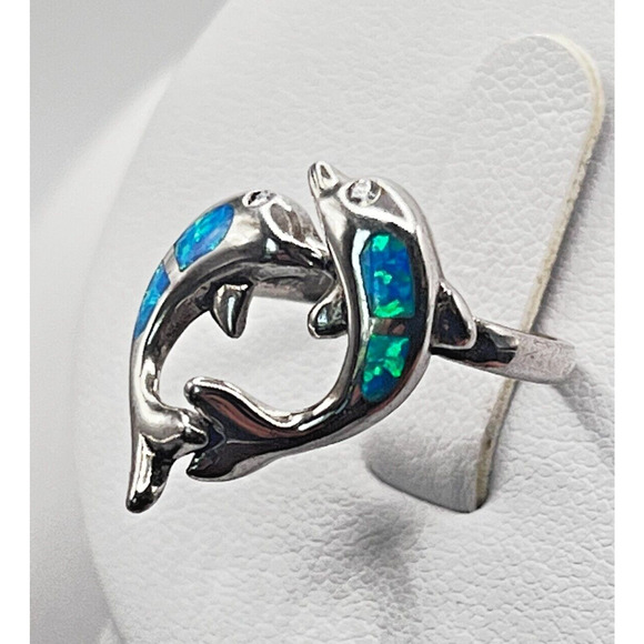 Vintage Sterling Silver Modernist 2 Dolphins Playing Wave Blue Opal Pendant - Picture 5 of 5